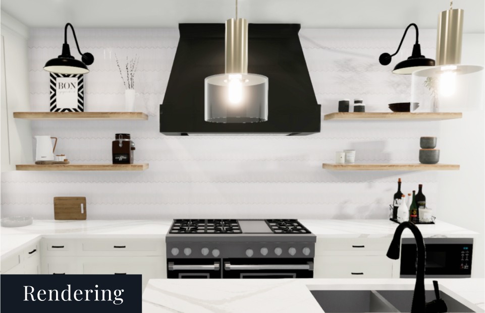 A 3D rendering of a kitchen with white cabinetry in Kitchener